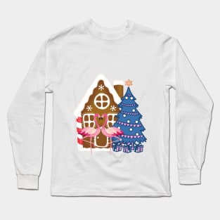 Christmas Gingerbread House Romantic Flamingos Long Sleeve T-Shirt